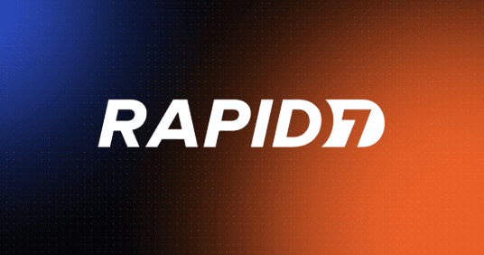 White Rapid7 logo on a blue, black, and orange gradient background with a dotted pattern.